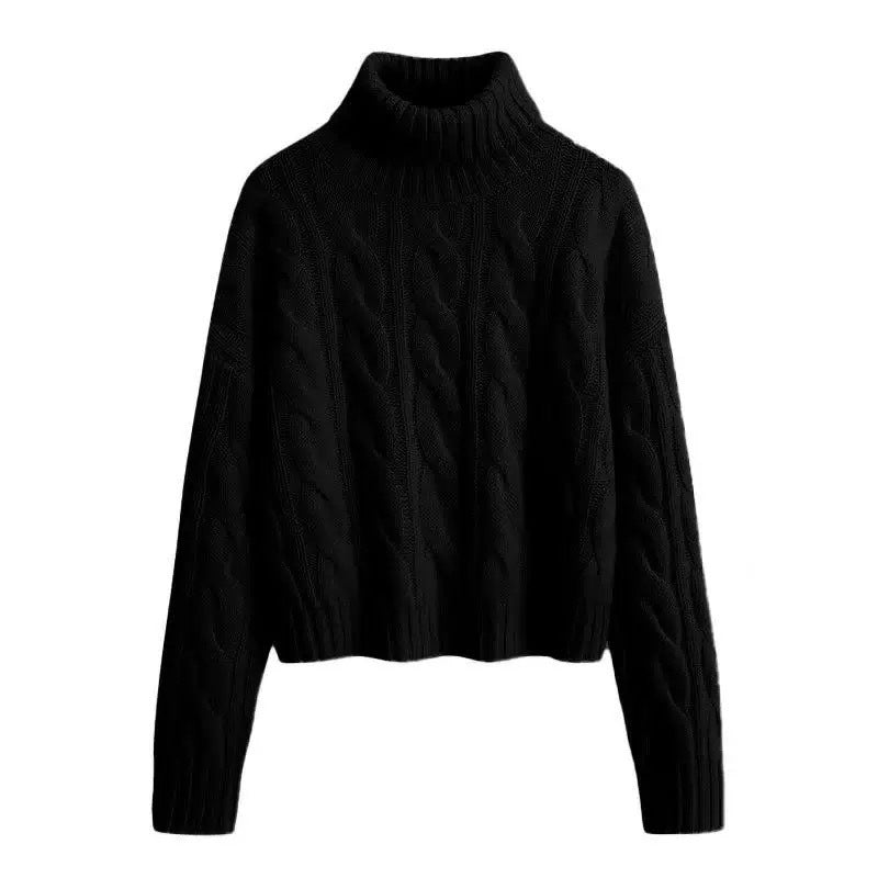 Ladies Short-Cut Cable Knit Turtleneck Sweater with Boxy Silhouette Chichicherry