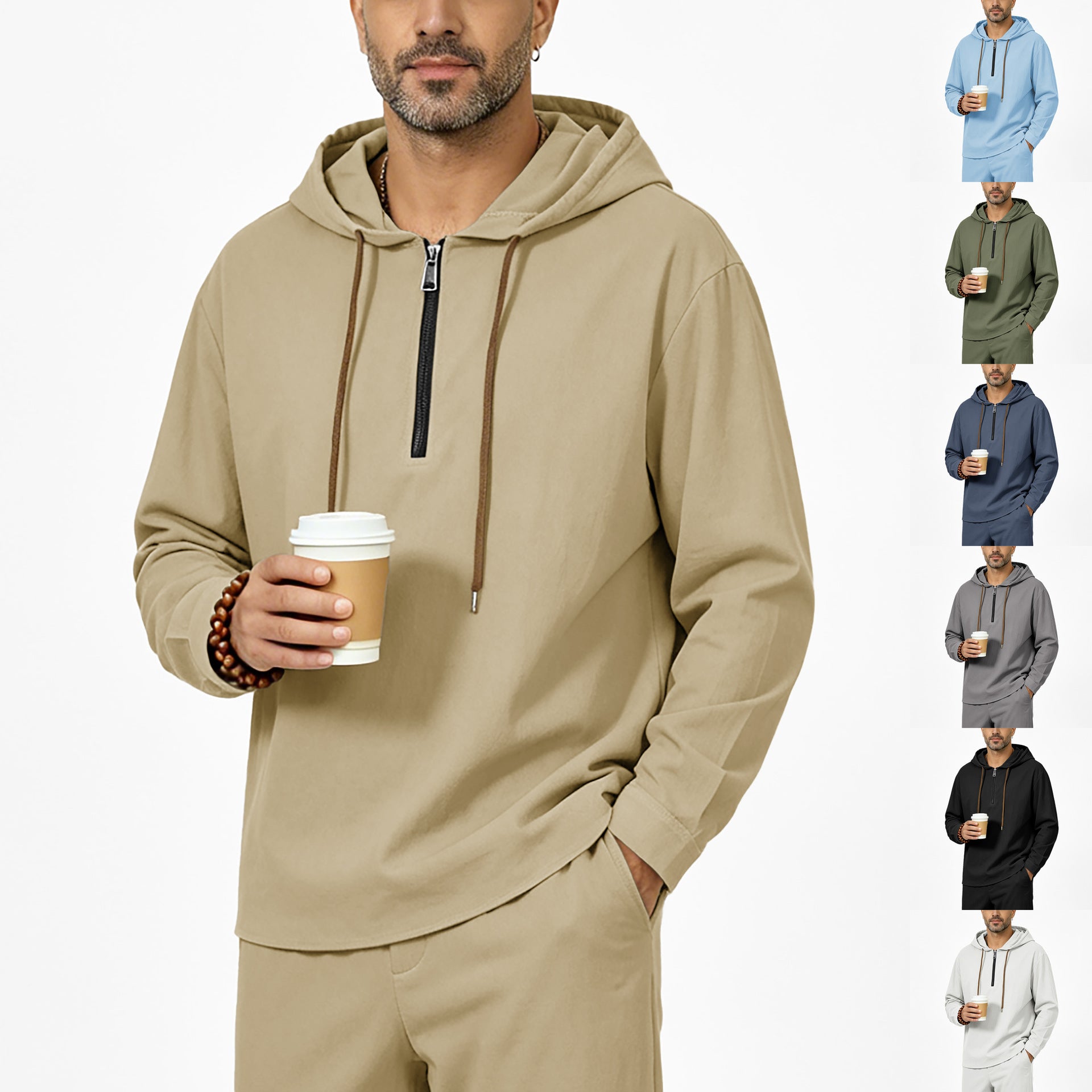 Men's hoodie with half zip, drawstring and rounded hem Chichicherry