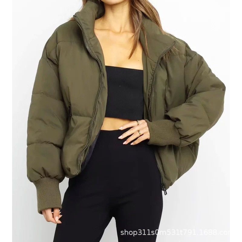 Women's Short Quilted Puffer with High Standing Collar and Ribbed Cuffs Chichicherry