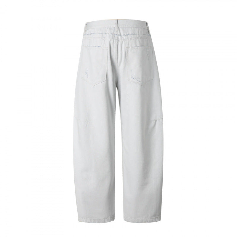 Women's Wide High-Waist Cropped Jeans with Visible Button Placket, Raw Hem and Utility Seams Chichicherry