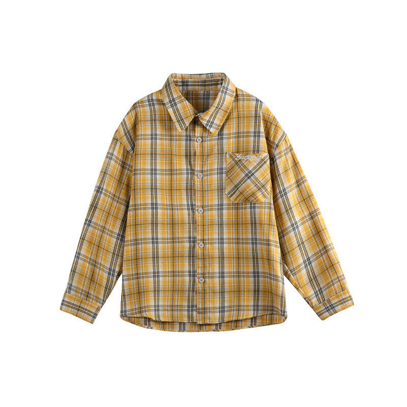 Women's Loose Checkered Shirt Blouse in Boxy Relaxed Fit with Patch Chest Pocket and Fine Embroidery Chichicherry