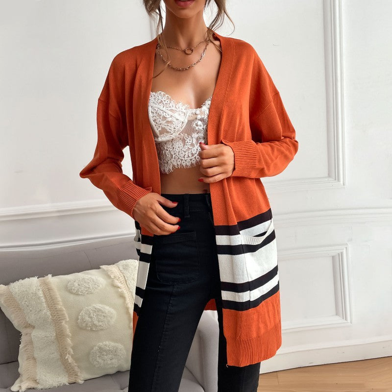 Women's mid-length open fine-knit cardigan with color block stripes and patch pockets Chichicherry