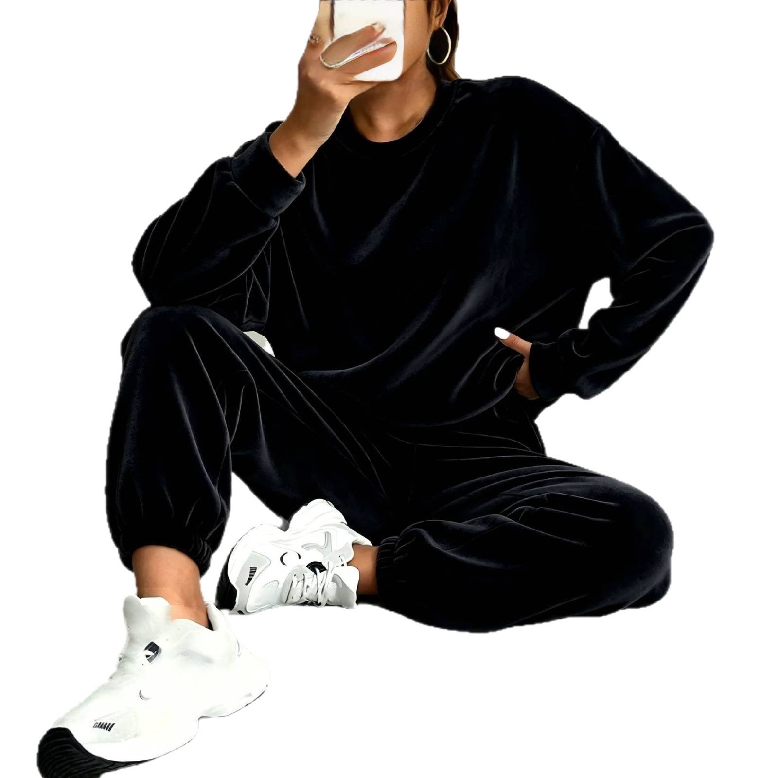 Women's Oversize Velvet Tracksuit with Round Neck and Elastic Cuffs