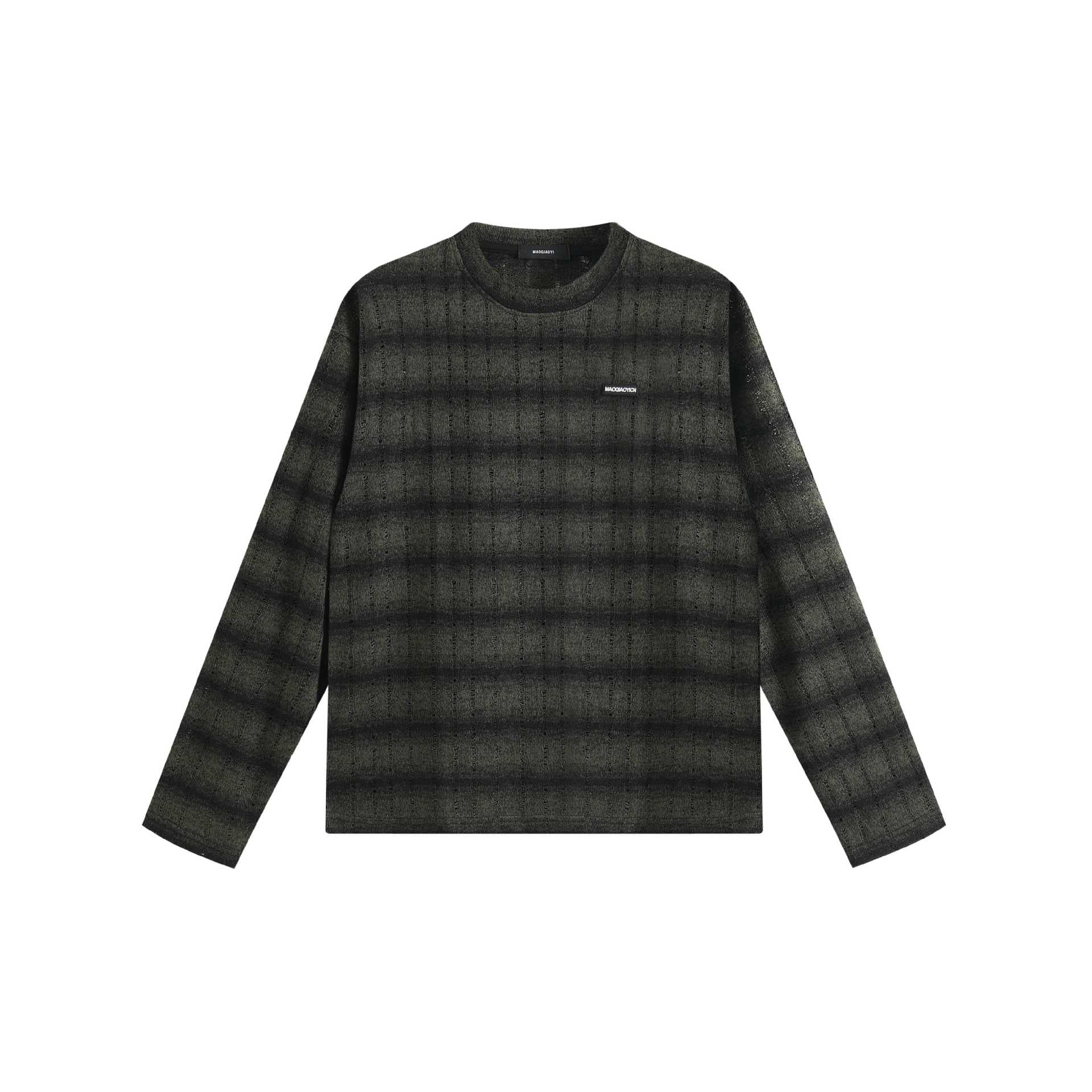 Unisex fine-structured round neck sweater with horizontal stripe pattern and logo patch Chichicherry