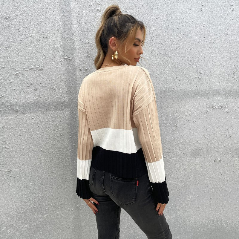 Women Ribbed Colorblock Sweater with Wide Cuff Sleeve Chichicherry