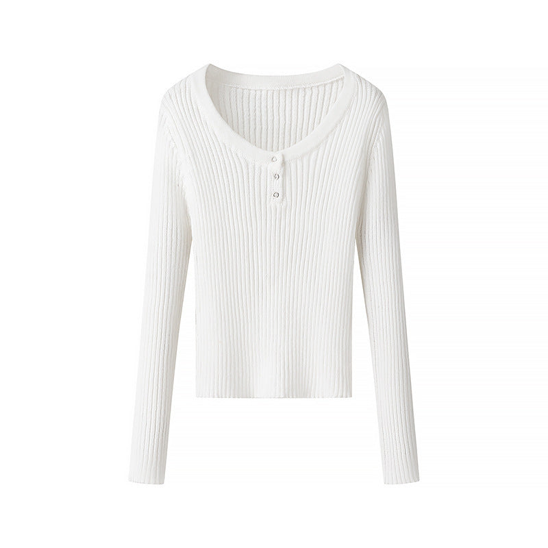 Women's Ribbed Long Sleeve Top with Deep V-Neck and Eyelet Trim Chichicherry