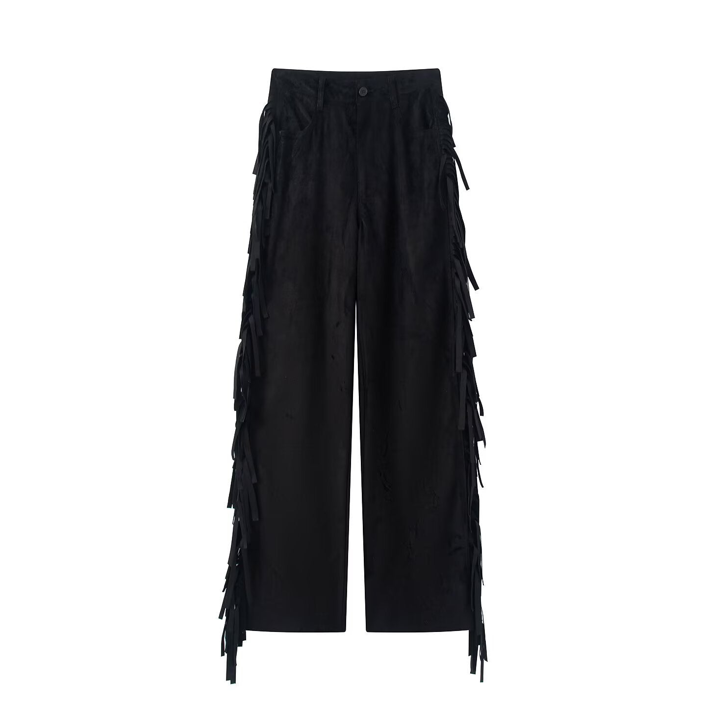 Women Wide High-Waist Flared Trousers with Side Fringes and Suede Look Chichicherry