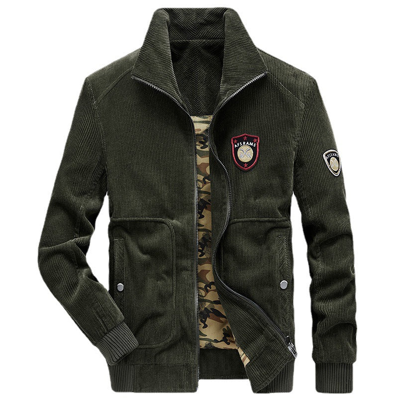 Men's cord jacket with standing collar, full zip, and badge details Chichicherry