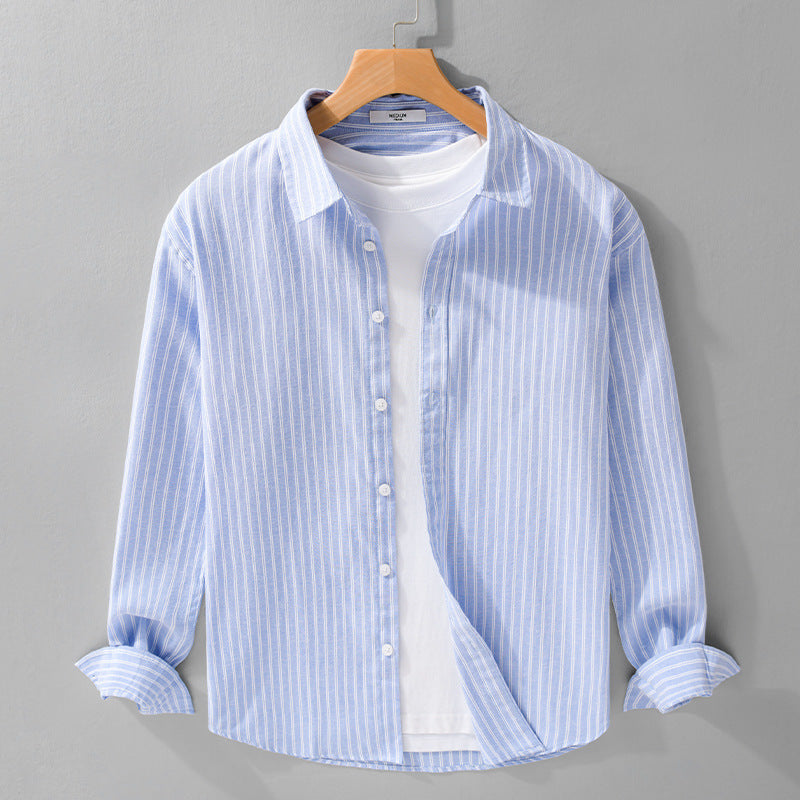 Men's Casual Linen-Cotton Long Sleeve Shirt with Fine Pinstripe, Easy-Care Finish and Curved Hem Chichicherry