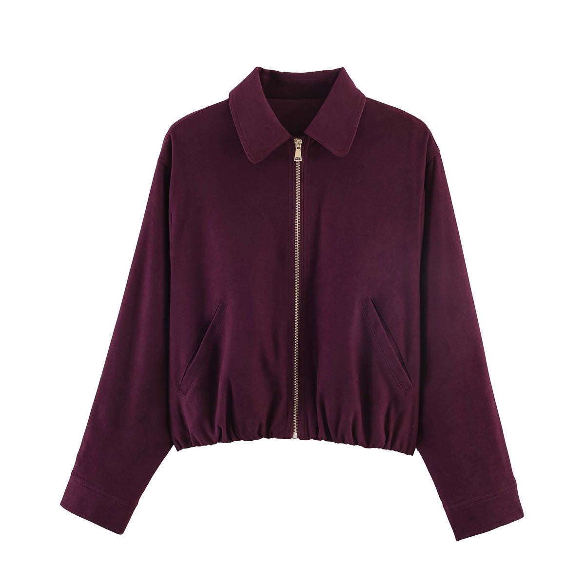 Women’s short-cut suede look bomber jacket with zipper, elastic hem and diagonal side pockets Chichicherry