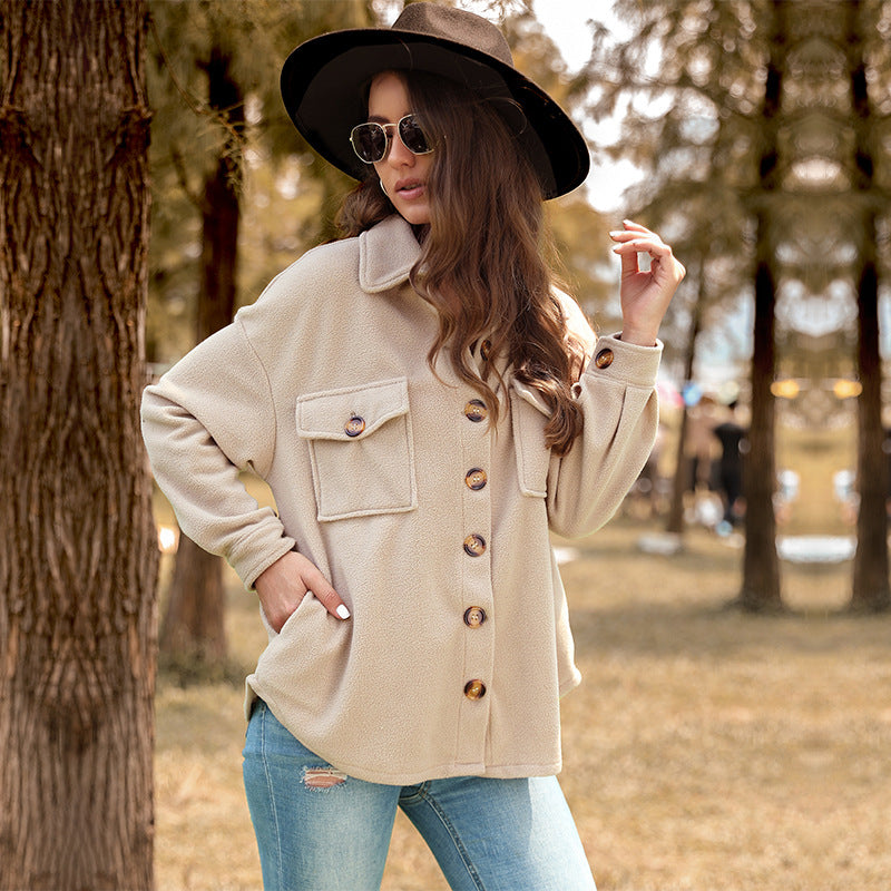 Women's Oversized Teddy Shacket with button placket, patch pockets, and soft lining Chichicherry