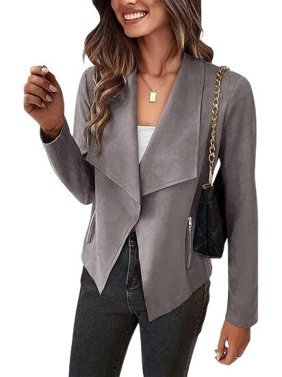 Women Faux Suede Waterfall Blazer with Asymmetrical Hem and Zipper Pockets Chichicherry