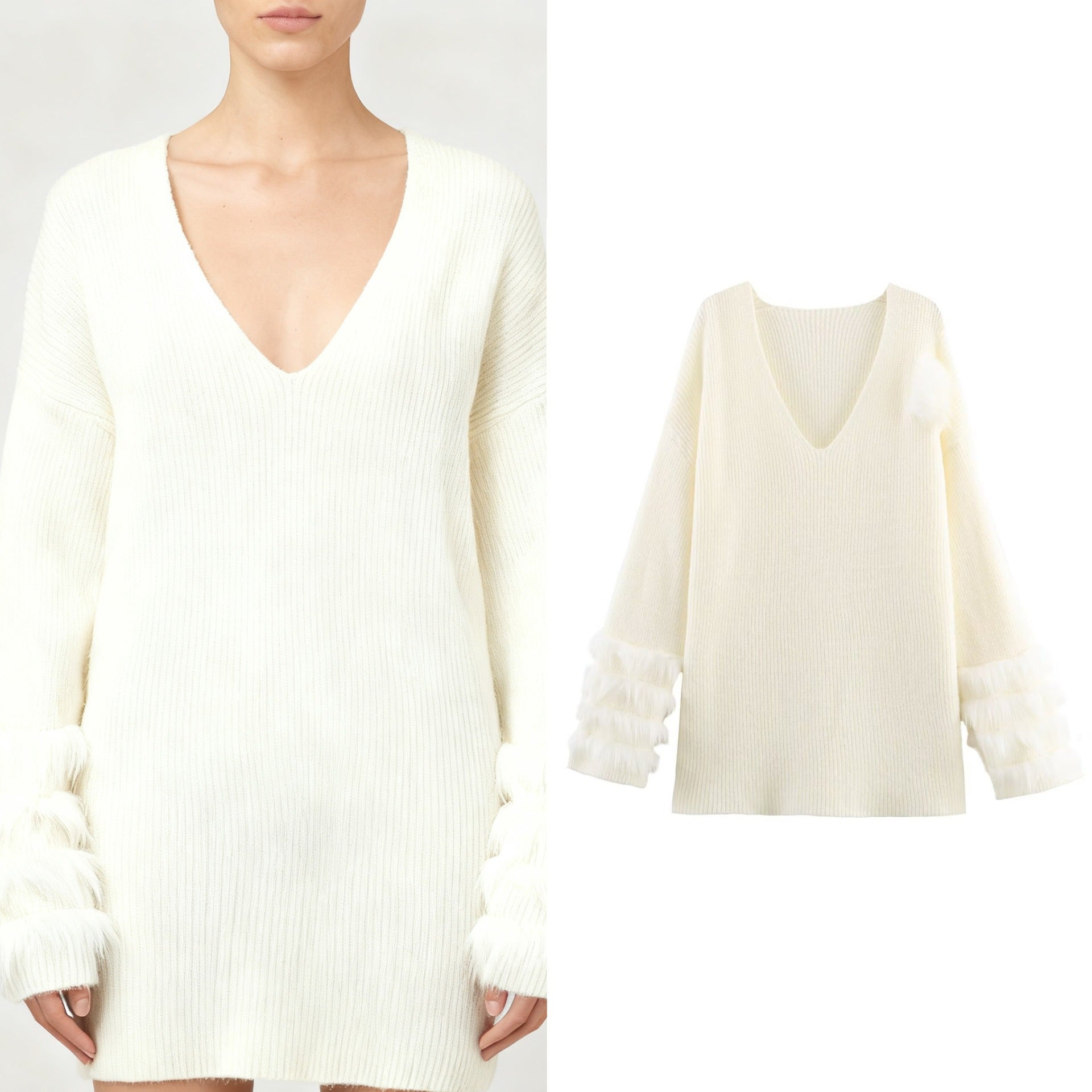 Ladies fine knit mini dress with deep V-neckline and layered faux fur sleeves Chichicherry