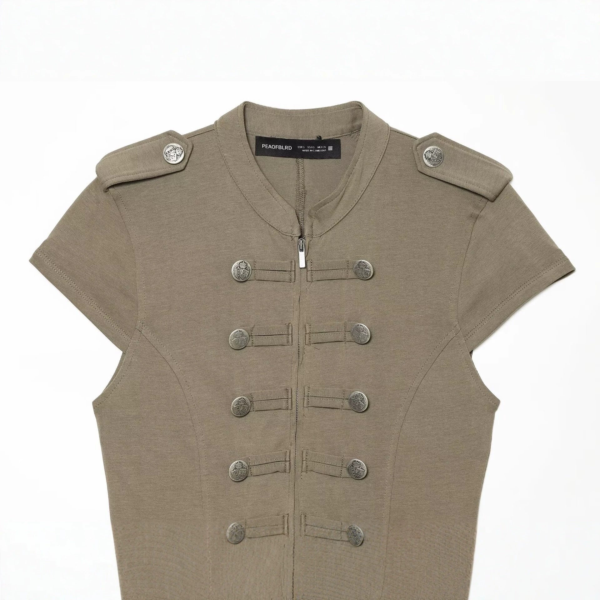 Women’s short-sleeved military-inspired vest with decorative straps and metal buttons Chichicherry