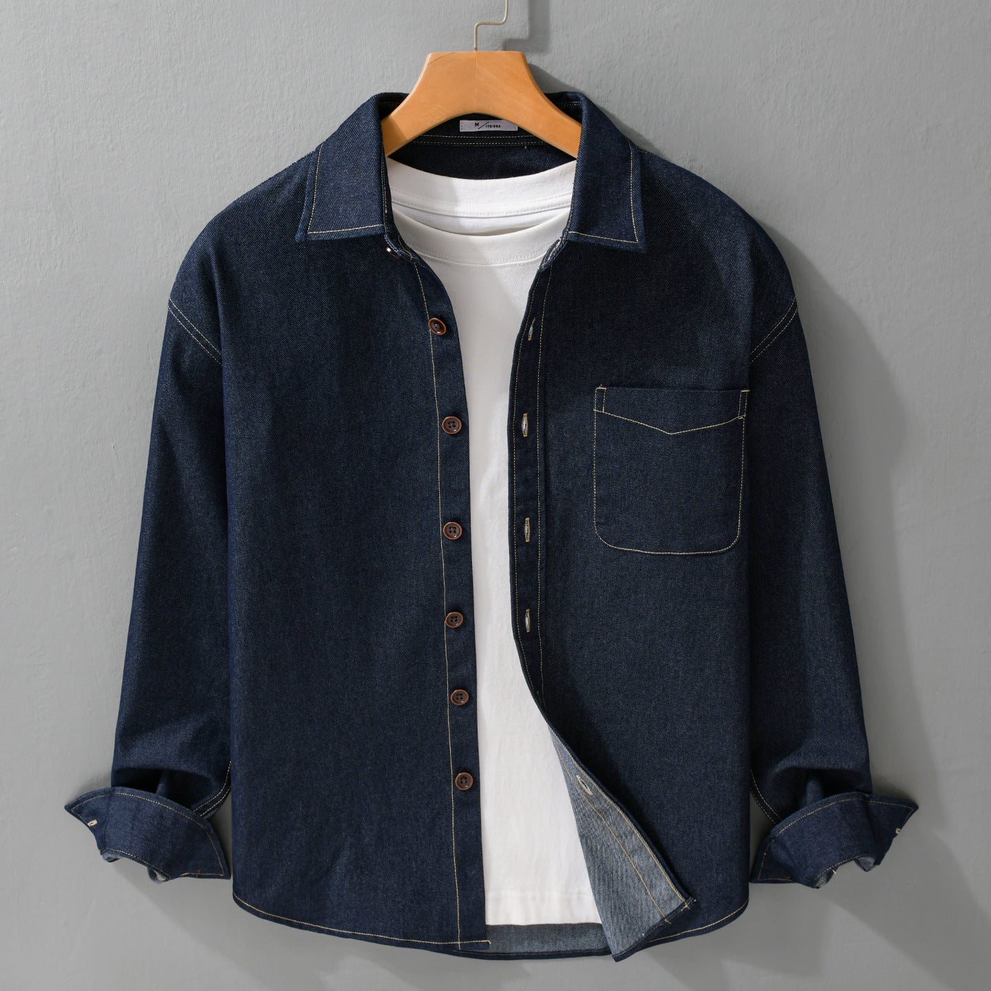 Men's denim overshirt with patch chest pocket and contrast seams Chichicherry