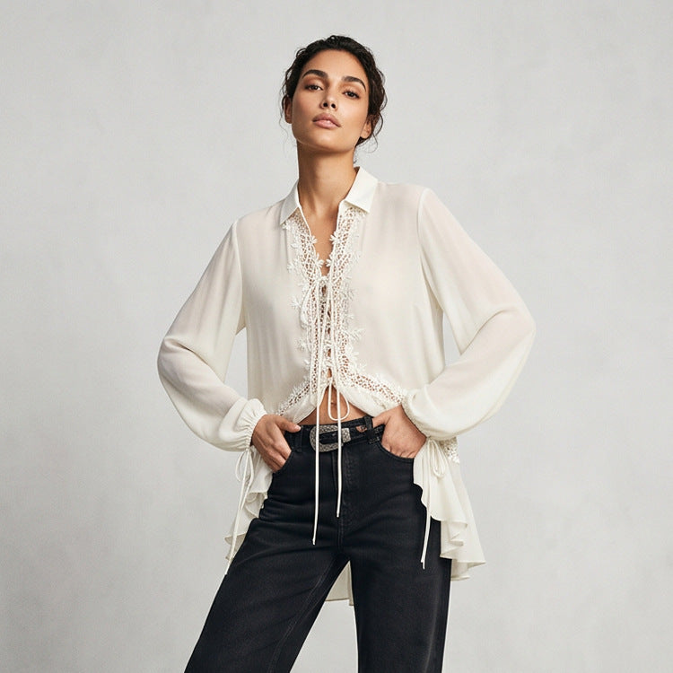 Women Transparent Chiffon Blouse with Lace Trim, Tie Band & Asymmetrical Ruffle Hem Chichicherry
