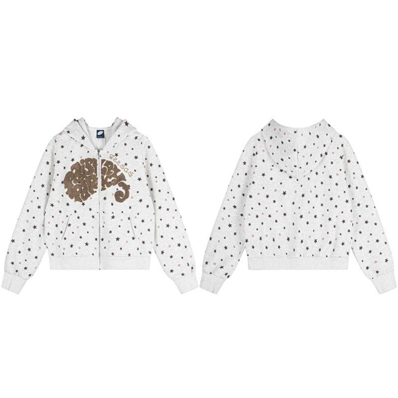 Women's Hoodie Sweat Jacket with Star Allover, Structured French Terry and Sparkling Front Application Chichicherry