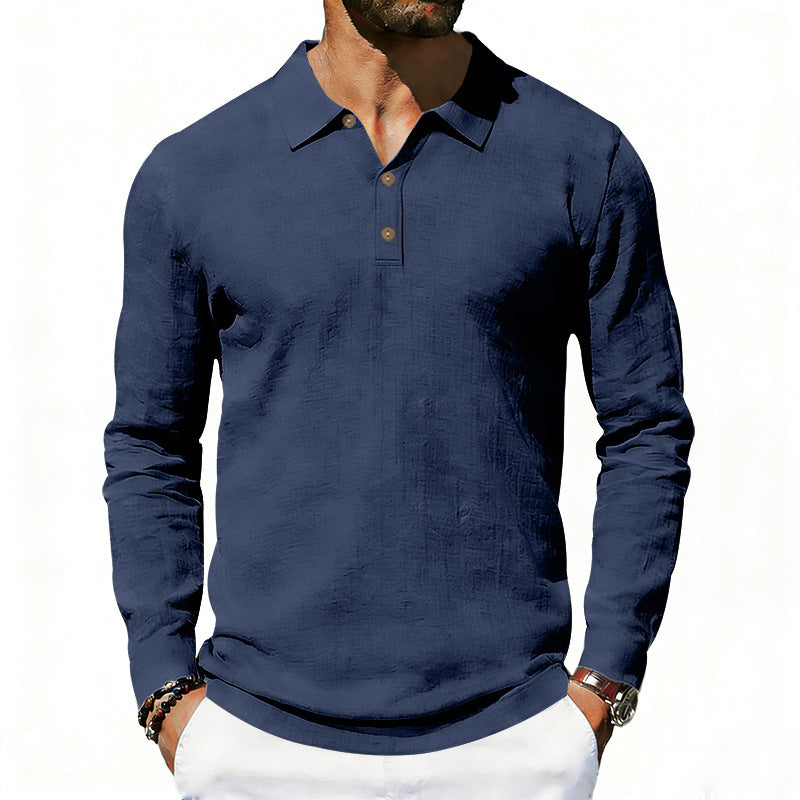 Men's Long Sleeve Polo Shirt made of Cotton Gauze with Three-Button Placket Chichicherry