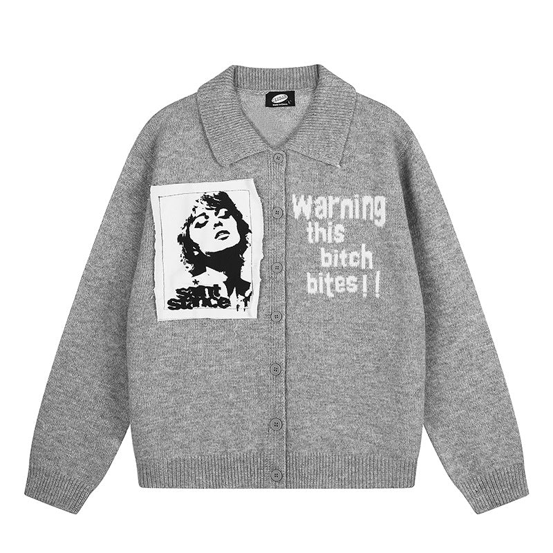 Women's knitted cardigan with shirt collar, button placket, and statement patch Chichicherry