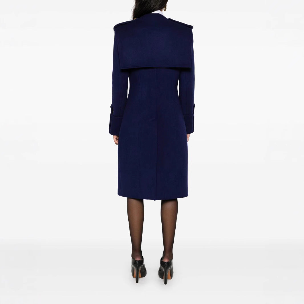 Women's Double-Breasted Coat with Cape Insert, Epaulettes and Decorative Straps Chichicherry