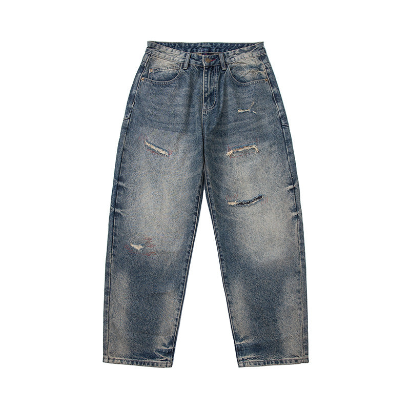 Women Loose-Fit Vintage Denim Jeans with Frayed Details and Cropped Leg Chichicherry