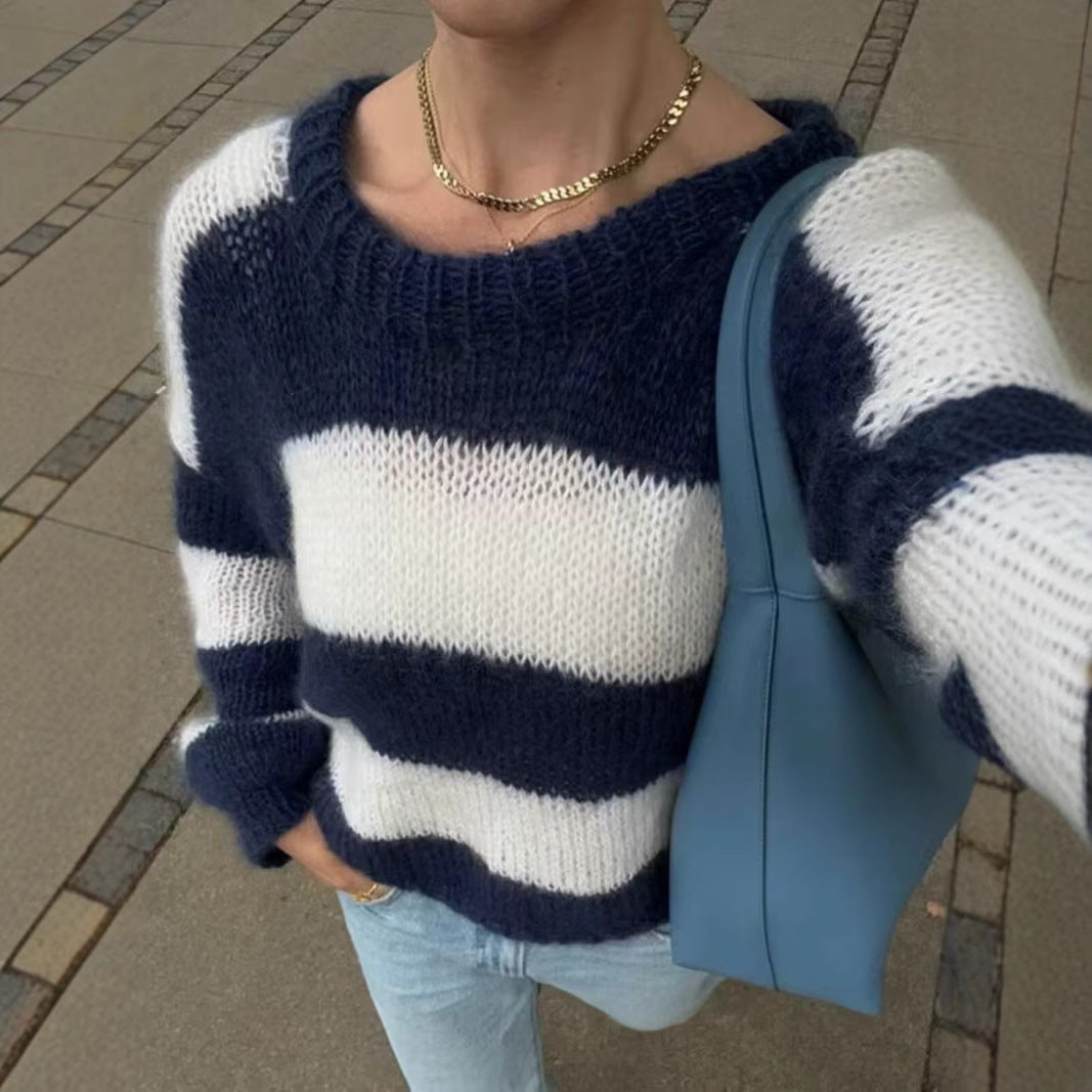 Women’s oversized knitted sweater with wide block stripes and round neck Chichicherry