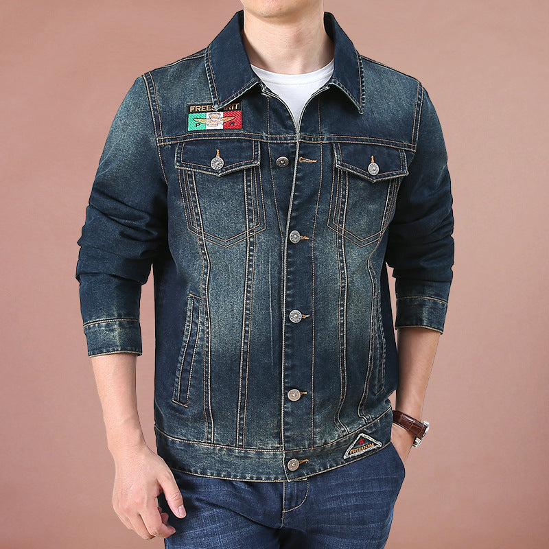 Men's jeans jacket in vintage look with patches and printed lining Chichicherry