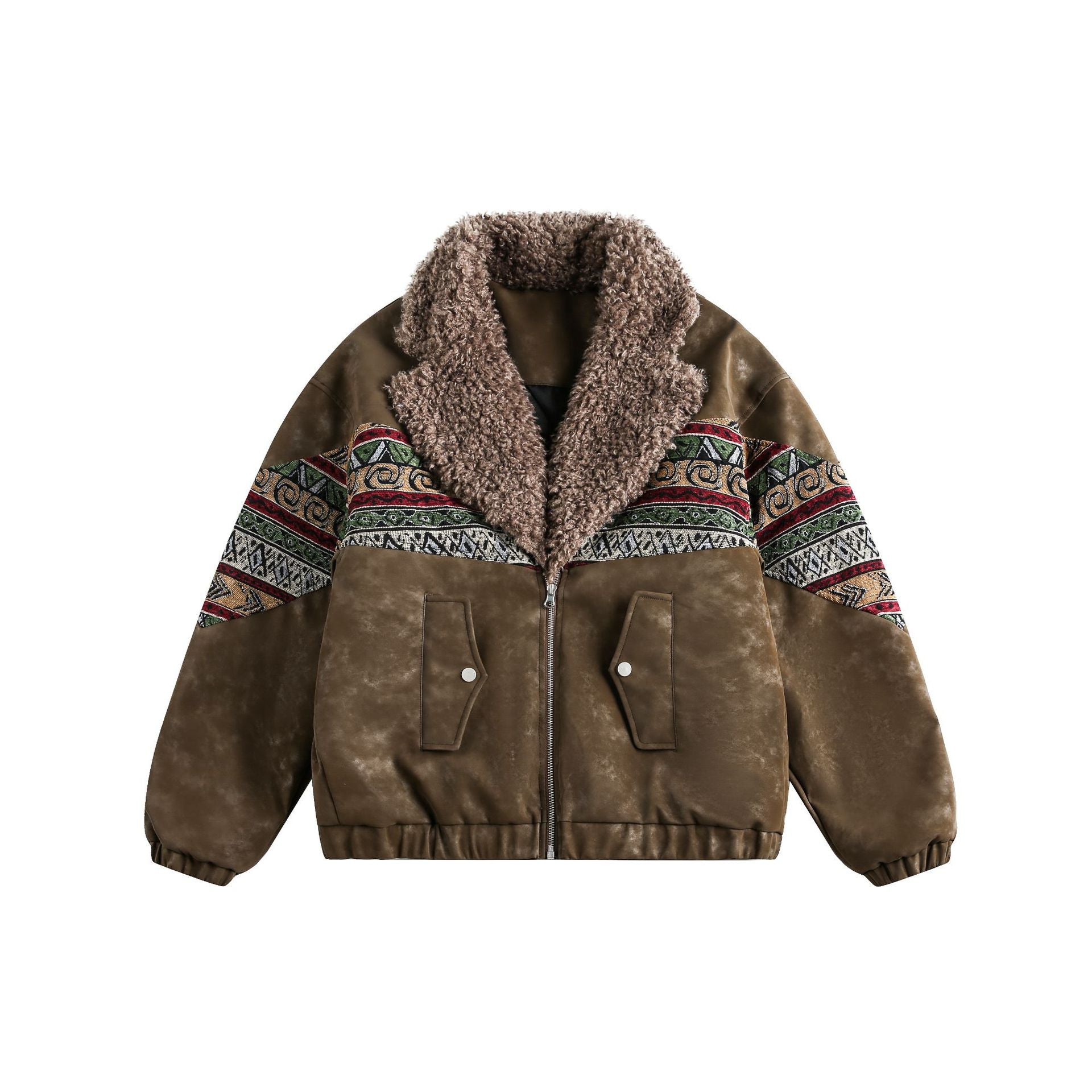 Ladies Short Suede Bomber with Faux Fur Collar and Ethnic Knit Inserts Chichicherry