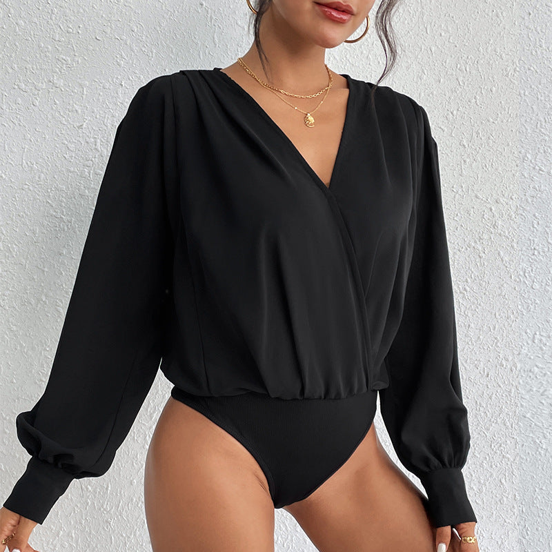 Women's Lightweight Wrap Blouse with V-Neck, Gathered Shoulders & Balloon Sleeves Chichicherry