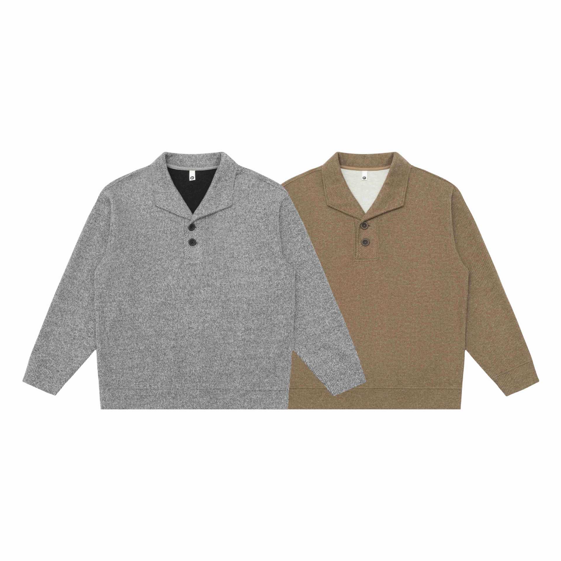 Unisex Fine Shawl Collar Sweater with Half Button Placket and Ribbed Hem