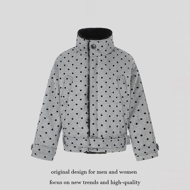 Women's Short Cut Quilted Jacket with Stand-up Collar and Waist Belt Chichicherry