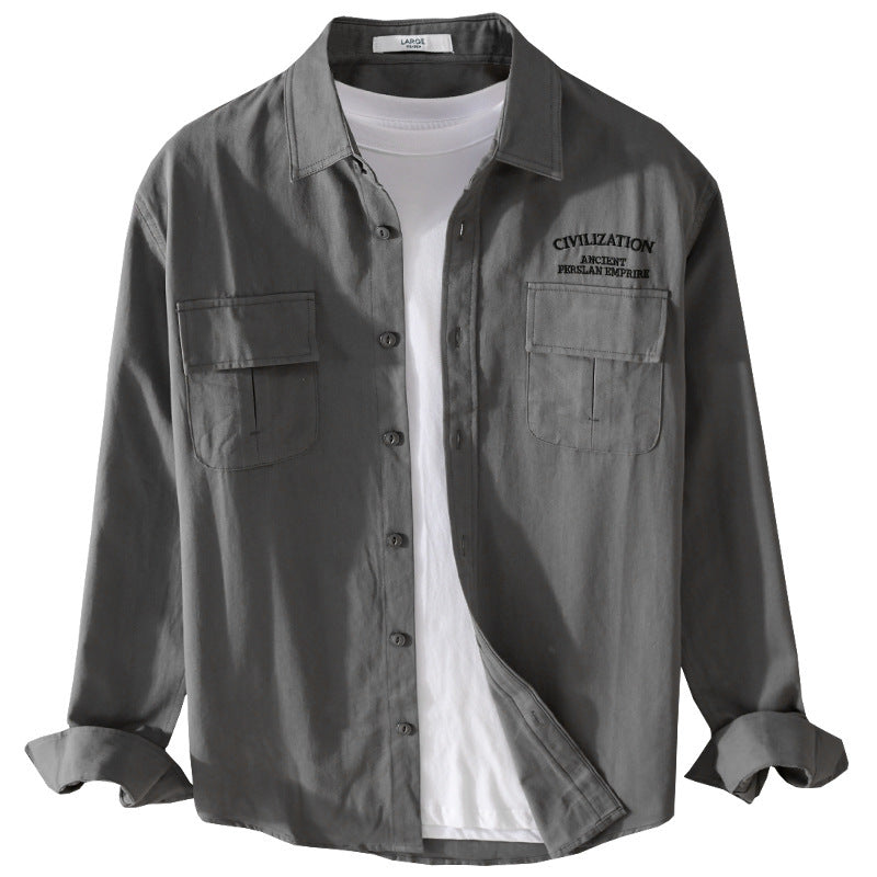 Men's Military-Inspired Overshirt with Double Chest Pockets and Subtle Embroidery Chichicherry