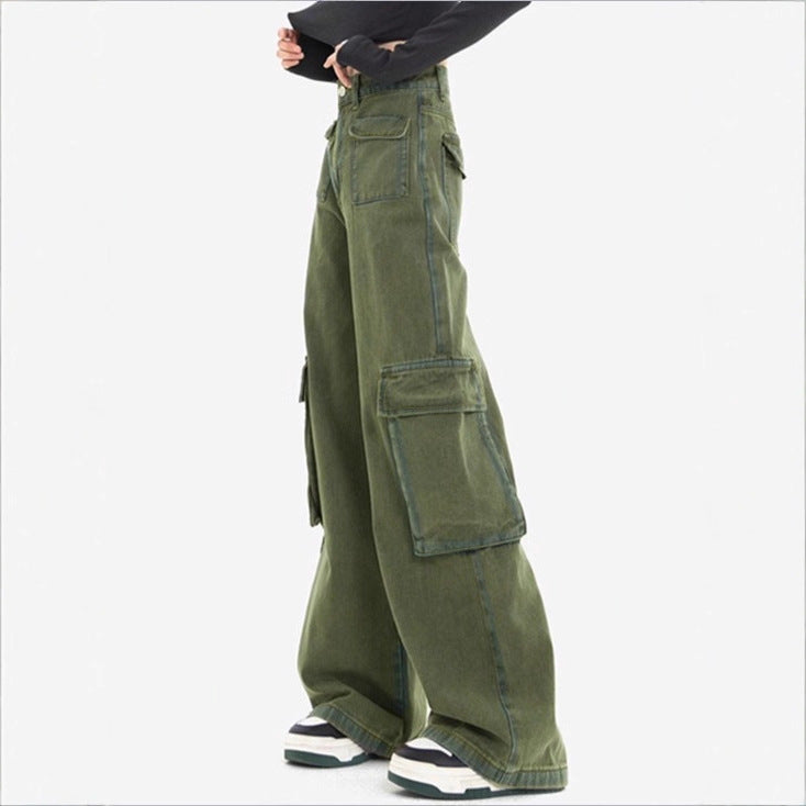 Women's high-waisted cargo jeans with wide leg, multiple flap pockets and straight cut Chichicherry