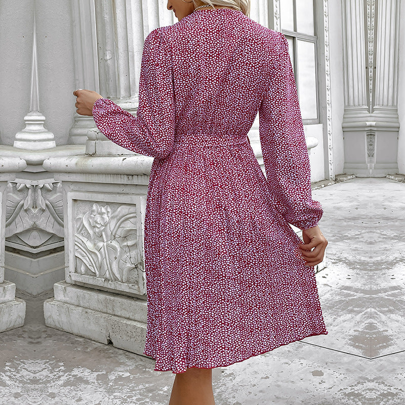 Women's midi dress with stand-up collar, waist belt, and long sleeves Chichicherry