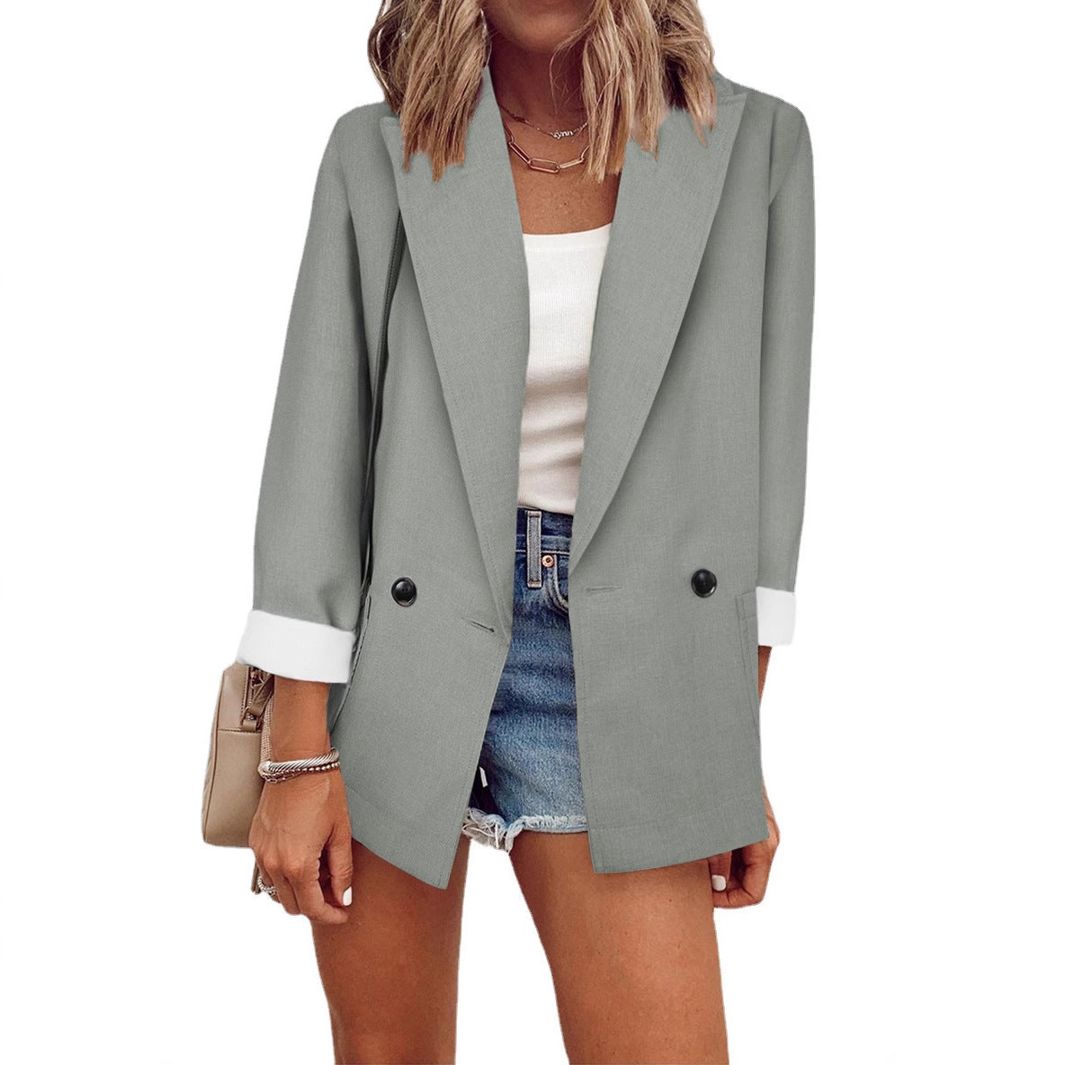 Women's Loose Longline Blazer with Rolled-Up Sleeves and Double-Breasted Button Placket Chichicherry