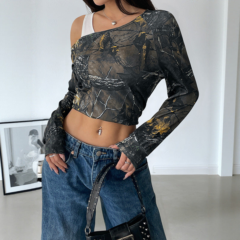 Women's Cropped Long Sleeve Off Shoulder Style with Allover Forest Print Chichicherry