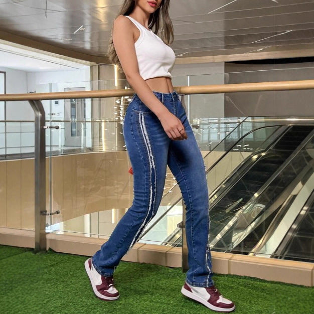 Women's waist-accentuated high-waist jeans with vertical raw-edge stripes and slight flare Chichicherry