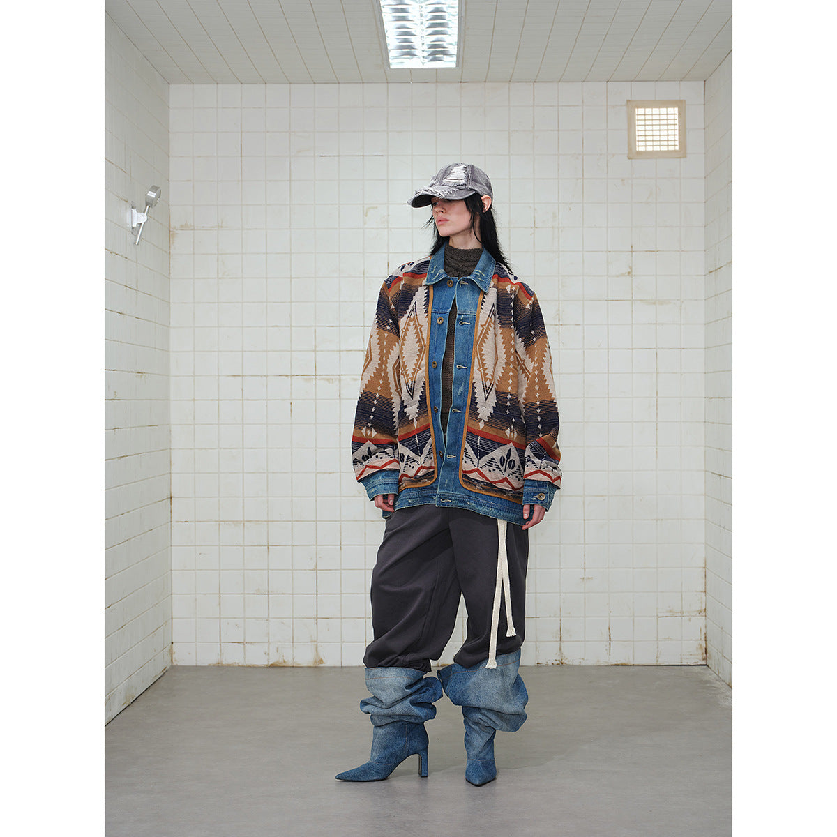 Unisex Loose-Fitting Jacquard Liner Jacket with Denim Trim and Graphic Ethno Pattern Chichicherry