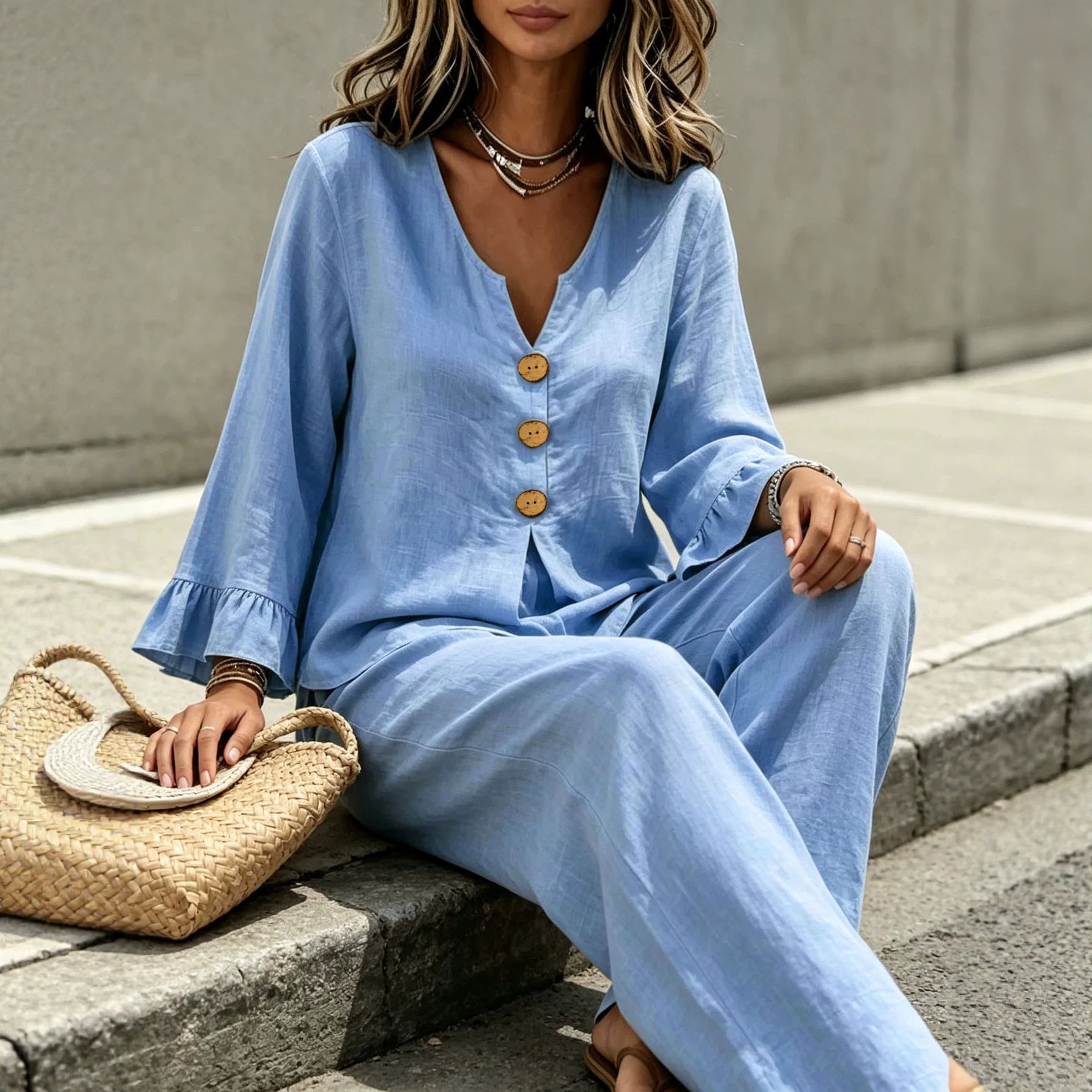 Damen Leinenoptik-Loungewear-Set mit V-Ausschnitt Holzknopfleiste und Volantärmeln Chichicherry