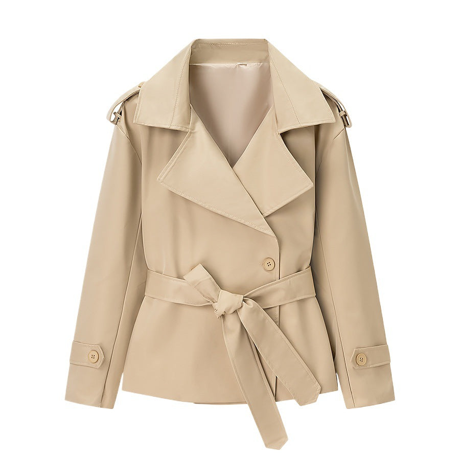 Women Short Trench Coat with dropped shoulders, large lapel collar and wrap belt Chichicherry
