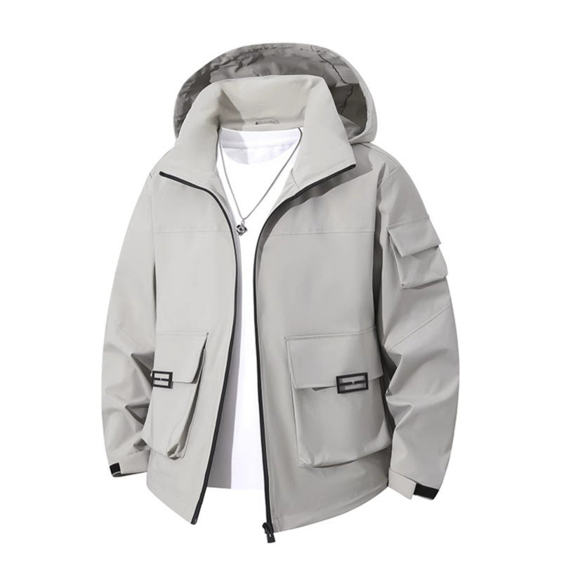 Men's Technical Utility Hooded Jacket with Multiple Flap Pockets and Wind-Resistant Softshell Chichicherry