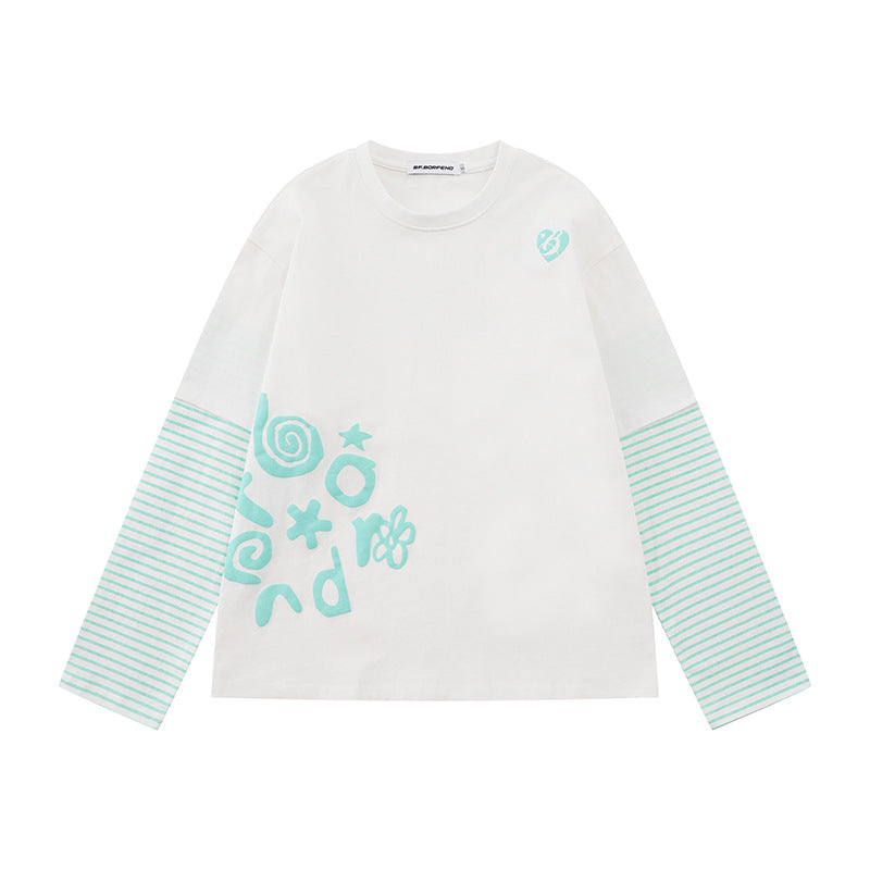 Women's Layered Long Sleeve Shirt in Layer Look with Striped Insert Sleeves and Playful Graphic Doodle Print Chichicherry