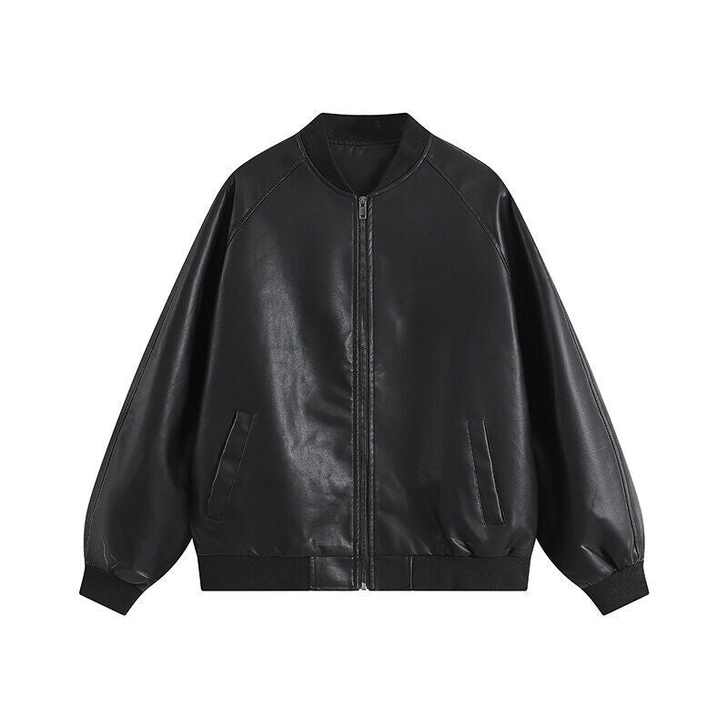 Men's Oversize Faux Leather Bomber Jacket with Raglan Sleeves, Zipper and Ribbed Cuffs Chichicherry