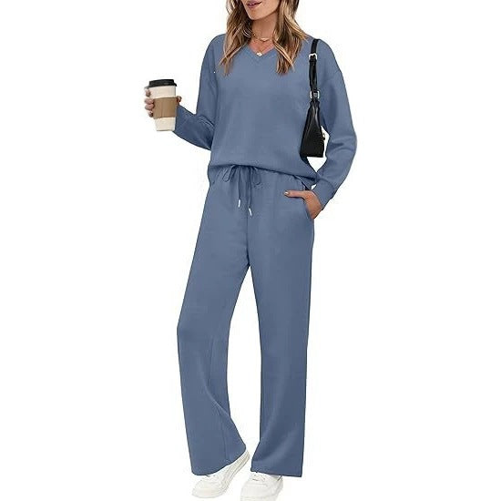 Women Casual Lounge Set with V-Neck Sweatshirt and Loose Drawstring Pants Chichicherry
