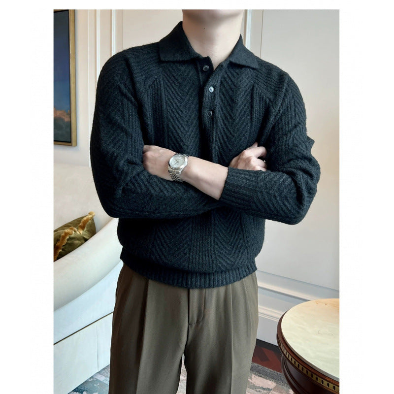 Herren Polokragen-Zopfstrick-Pullover mit halber Knopfleiste Chichicherry