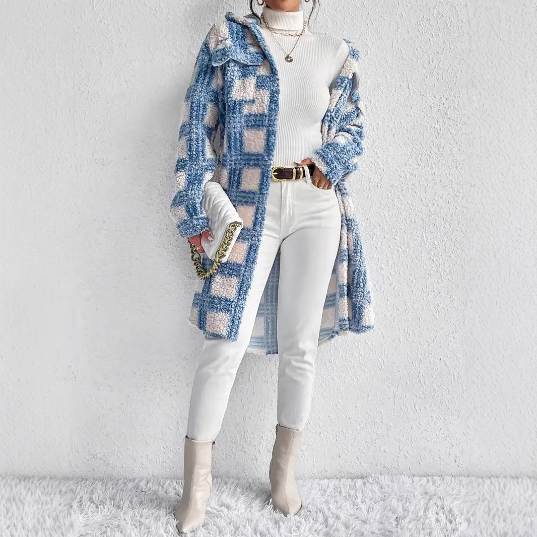 Women's teddy coat with large check pattern, shirt collar, and button closure Chichicherry