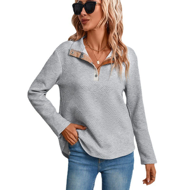 Women's Structured Waffle Knit Henley Sweater with Stand-Up Collar and Snap Button Placket Chichicherry