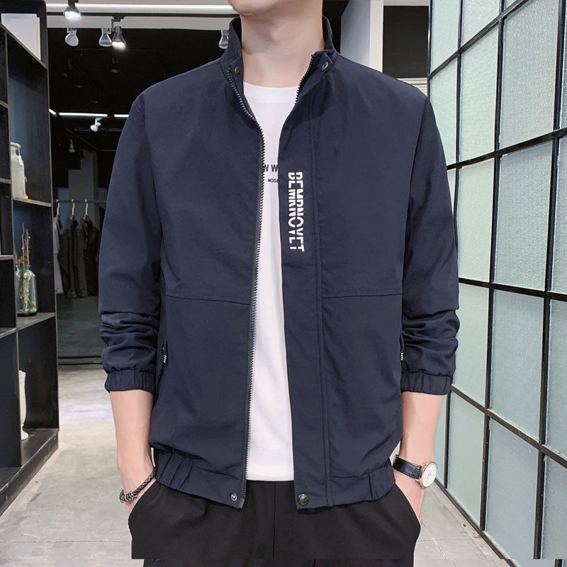Men's Light Bomber Jacket with Stand-Up Collar, Elastic Hem and Flap Pockets Chichicherry