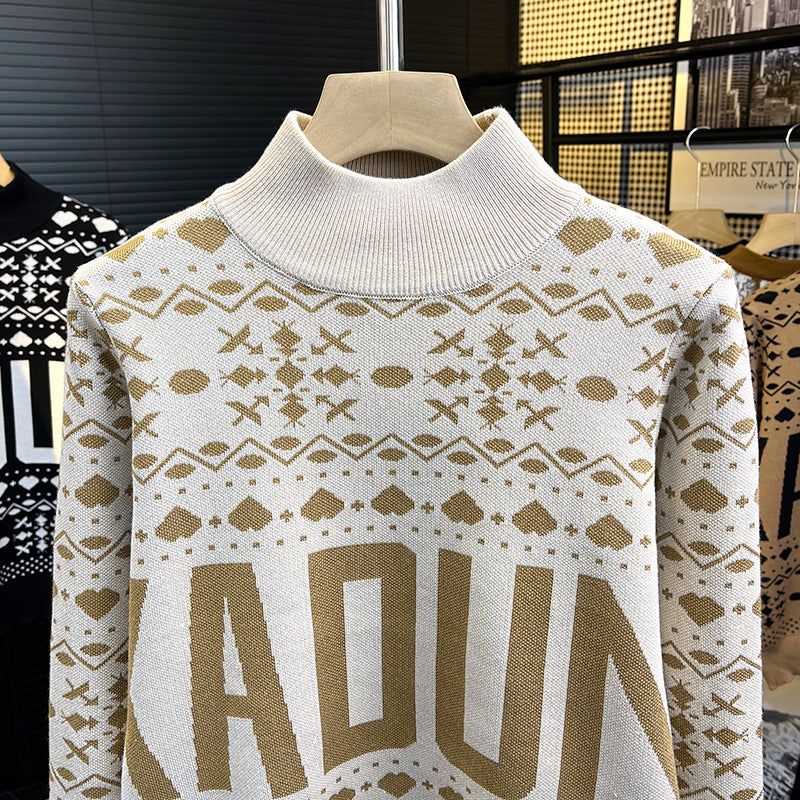 Herren Rollkragenpullover mit Norweger-Jacquard und großflächigem Logoprint Chichicherry