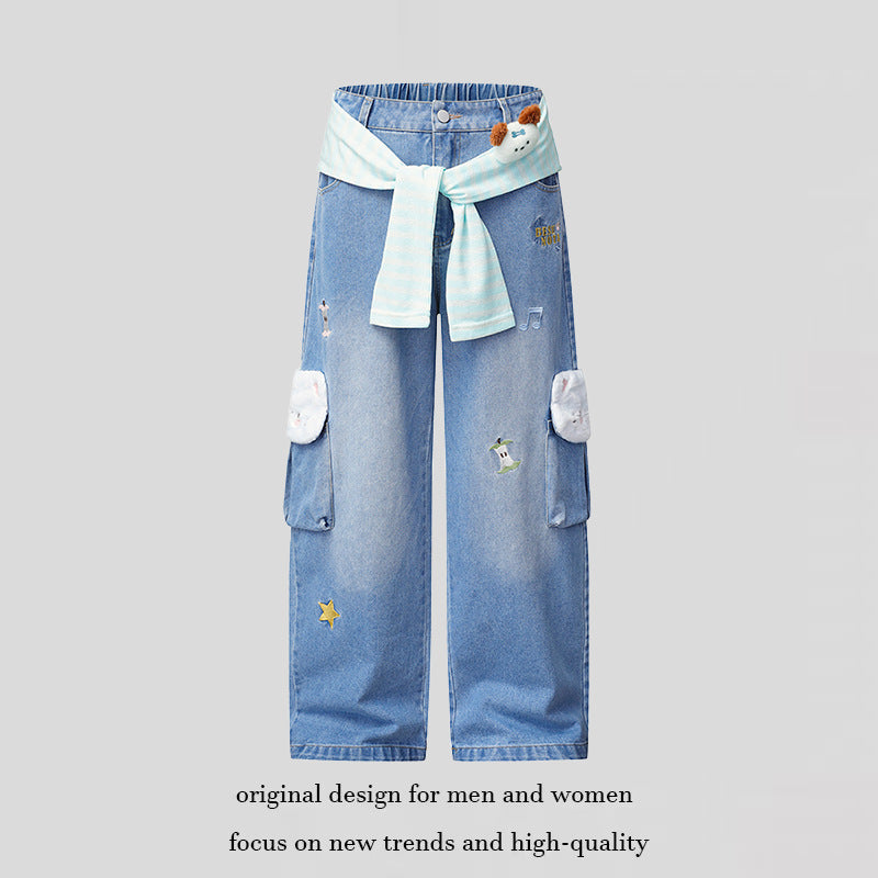 Women Wide Cargo Jeans with Plush Pockets, Embroidery and Elastic Waist Chichicherry